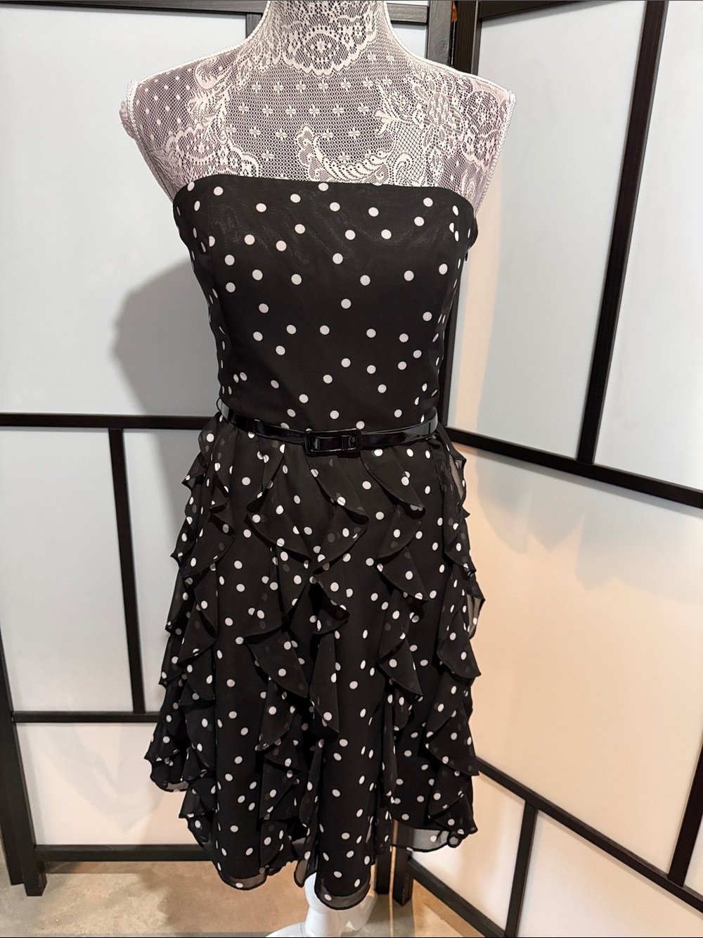 White House Black Market Black & White Polka Dot Strapless Ruffle Mini Dress